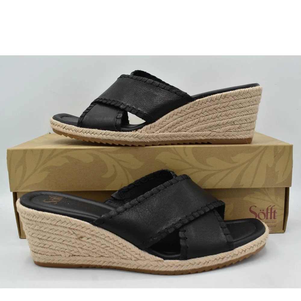 Sofft Women 9.5 Indie Black Leather Crisscross Espadrille Wedge Sandals Shoes